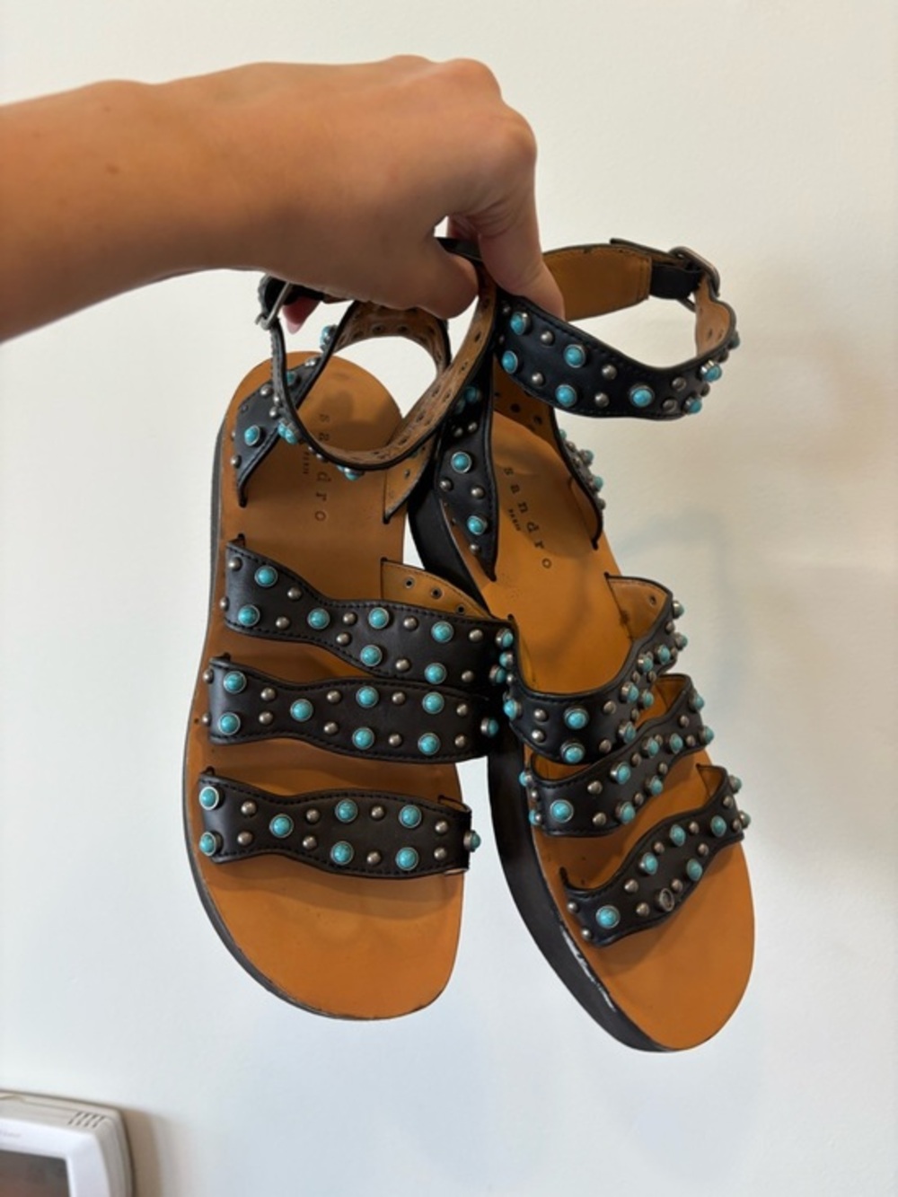 Sandro brown Leather Studded Ankle-Strap Sandals with Turquoise Accents eu 37